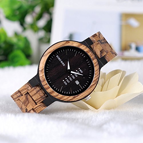 BOBO BIRD Mens Wooden Watch Analog Quartz with Week Display Lightweight Handmade Wood Wrist Watch for Men (Black Dial) BOBO BIRD