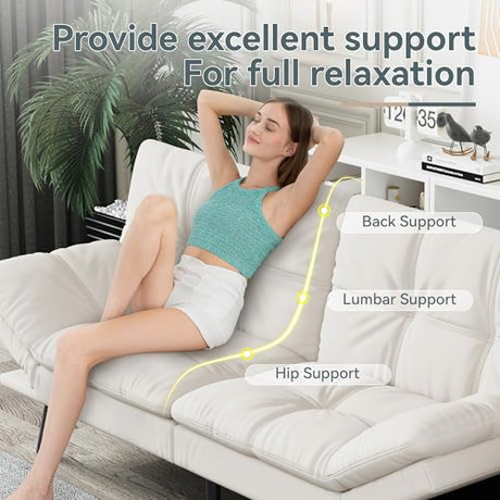 AMICLIBER Futon Sofa Bed Convertible Couch, White Faux Leather Sofa Bed with Memory Foam, Adjustable Backrest & Armrests, Multifunctional Small Loveseat Sleeper Sofa for Living Room, Apartment, Office AMICLIBER