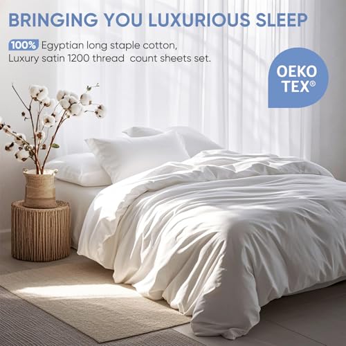 TWK 1200 TC 100% Egyptian Long-Staple Cotton Bedding Sheets Set, Luxury Hotel Style Deep Pocket with Elastic Reinforced Seams Sheet Set, Soft & Comfy Natural Sheets (White, King) TWK