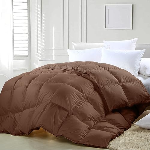 zzlamb Lightweight Feather Down Comforter Brown, All Season Warm Duvet Insert for Queen Bed, Durable Cotton-Blended Down Proof Shell Duvet with Corner Tabs, Queen Size 90''x90'' Brown zzlamb