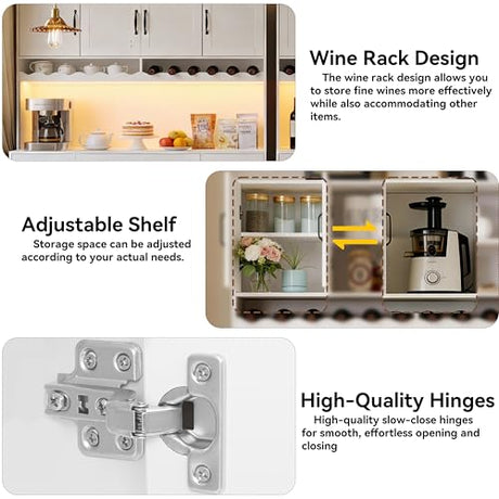 AXCIGOC 72" Tall Kitchen Pantry Cabinet with Charging Station 55" Wide Kitchen Hutch Cabinet with LED Light and Countertop Large Kitchen Pantry Storage Cabinet With Adjustable Shelves and Wine Rack AXCIGOC