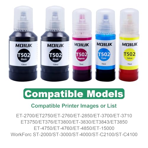 5 Pack T502 502 Ink Refill Bottles Compatible with Epson EcoTank 502/ET Series - Suitable for ET-2760, ET-4760, ET-2750, ET-3760, ET-2850, ET-15000, ST-4000, ST-2000 (5 Bottles: 2BCMY Moiuk