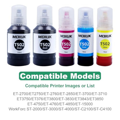 5 Pack T502 502 Ink Refill Bottles Compatible with Epson EcoTank 502/ET Series - Suitable for ET-2760, ET-4760, ET-2750, ET-3760, ET-2850, ET-15000, ST-4000, ST-2000 (5 Bottles: 2BCMY