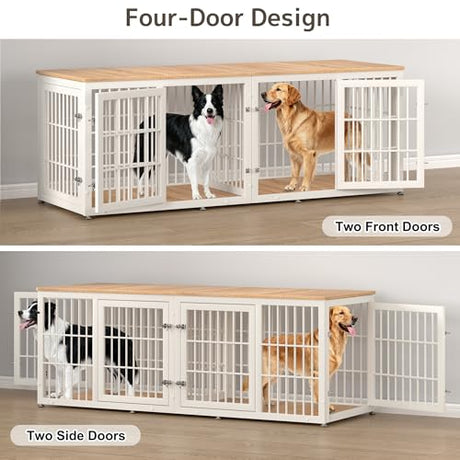 rehomerance 78 Inch Double Dog Crate Furniture, Heavy Duty Extra Large Cage Furniture with Divider for 2 Dogs, Decorative Wooden Kennel Indoor, Pet House for Large and Medium Dogs, White rehomerance