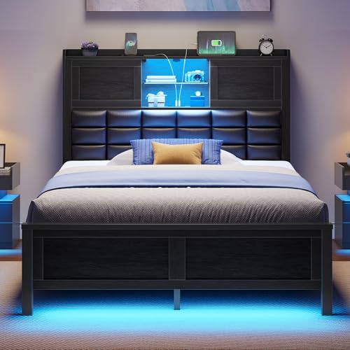 Rolanstar Bed Frame Twin Size with Charging Station, Bookcase Headboard Bed with LED Light and Sliding Doors, Platform Bed with Wooden Slats, No Box Spring Needed, Noise Free, Black Rolanstar