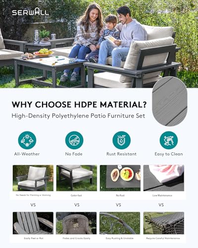 SERWALL HDPE Patio Conversation Set, 7-Piece Sectional Outdoor Patio Furniture Set, All Weather Patio Couch Set Patio Sofa Set for Deck, Lawn, Grey Frame with Khaki Cushion SERWALL