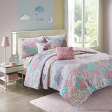 Intelligent Design Kids Reversible Cotton Quilt Set - Vibrant Fun, Playful Print, All Season Children Bedding Coverlet Bedspread, Decorative Pillow, Bedroom Décor, Full/Queen, Cloud Pink 5 Piece Intelligent Design