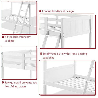 Costzon White Twin Over Twin Convertible Bunk Beds with Ladder and Safety Rail for Kids - WoodArtSupply