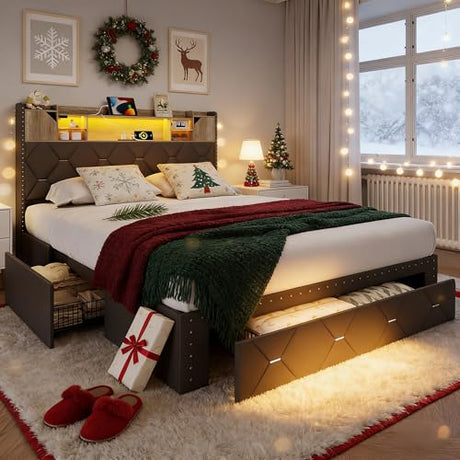 Maupvit Black Full Bed Frame with LED Lights and Storage Drawers, PU Upholstered Platform Bed Frame with LED Lights and Charging Station, 3-Tier Shelves, Rivet Trim, No Box Spring Needed, Noise Free Maupvit