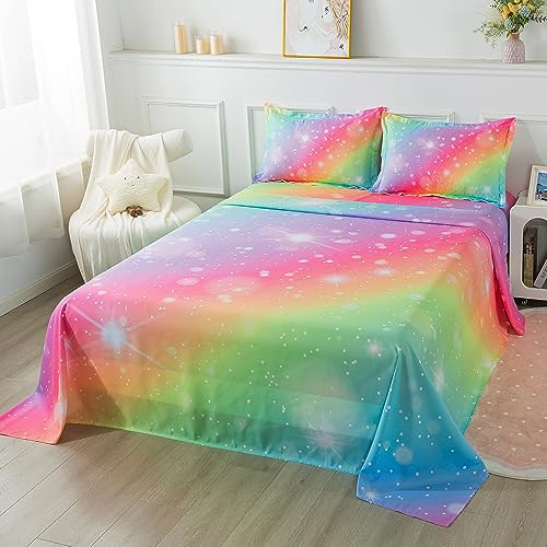 ADASMILE A & S Rainbow Fitted Bed Sheet for Kids 4 Pieces Rainbow Sheets Queen for Girls Pink Glitter Tie Dye Pastel Bed Set (1 Flat Sheet + 1 Deep Pocket Fitted Sheet and 2 Pillowcases) Bedroom Decor ADASMILE A & S