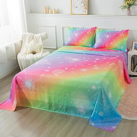 ADASMILE A & S Rainbow Fitted Bed Sheet for Kids 4 Pieces Rainbow Sheets Queen for Girls Pink Glitter Tie Dye Pastel Bed Set (1 Flat Sheet + 1 Deep Pocket Fitted Sheet and 2 Pillowcases) Bedroom Decor ADASMILE A & S