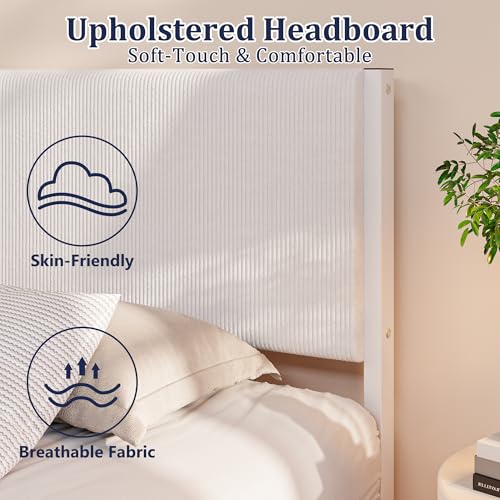 Twin Floating Bed Frame with Headboard,Twin Size Floating Bed Frame with LED Lights & USB Charging Station,Metal Platform Bed with Strong Slats Support,No Box Spring Needed,Easy Assembly,White JUISSANO