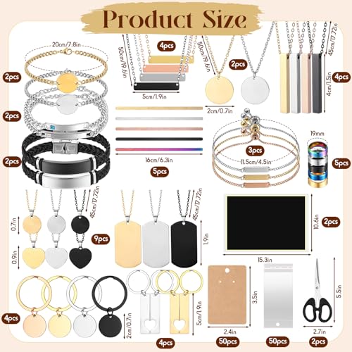 Quelay 99 Pcs Laser Engraving Materials Bulk Include 46 Jewelry Making Engraving Accessories Kit Necklace Bracelet Ring Keychain with Laser Marking Paper for Laser Engraver DIY Crafting Supplies Quelay