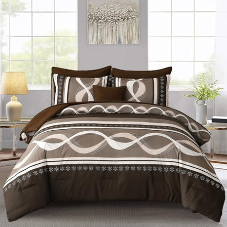 Anibedding Boho Comforter Set,8 Pieces Bed in a Bag Patchwork Striped Comforter Set,Brown Bed Set King Size,Soft Microfiber Boho Bedding Set for All Season(90"×104") Anibedding