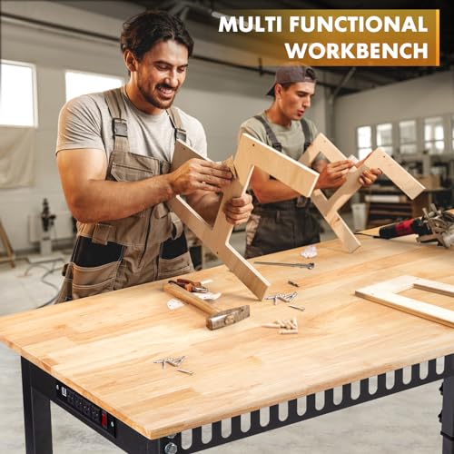GVGBUK 48" Height Adjustable Workbench, 2000 LBS Load Capacity Rubber Wood Top Workstation, Heavy-Duty Hardwood Worktable for Garage Workshop (with Wheels and Socket,48'') GVGBUK