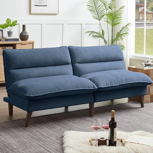 Chireca 72" Futon Sofa Bed, Convertible Futon Couch with Adjustable Backrest, Modern Corduroy Sleeper Sofa for Small Spaces, Living Room, Office, Blue Chireca