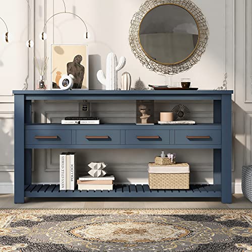 Modern 62.2" Console Table, Sofa Table with 4 Drawers and 2 Shelves, Suitable for Entrance, Hallway, Living Room, Bedroom (Navy Blue@G>) Hlcodca