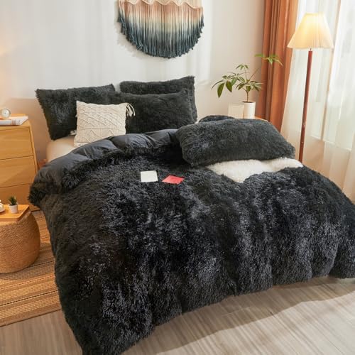 Besfunny Fluffy Faux Fur Black Comforter Cover Queen Set – Plush Fluffy Black Bedding 3-Piece Set (1 Duvet Cover + 2 Furry Pillow Shams) Cozy Bed Set Besfunny