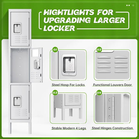 Pataku Metal Lockers for Employees, 3-Tier Storage Locker, Steel Locker Cabinet for School, Home, Gym, Office, Garage with Mirrors, Screwdriver, Gloves, Hooks, Unassembled (Grey,3-Tier) Pataku