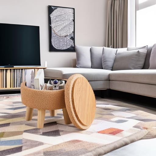 Wimarsbon Storage Ottoman, Modern Round Footrest with Soft Padded Seat, Teddy Velvet Footstool with Wood Legs, Accent Small Table or Plant Stand for Hallway, Living Room (Champagne) Wimarsbon