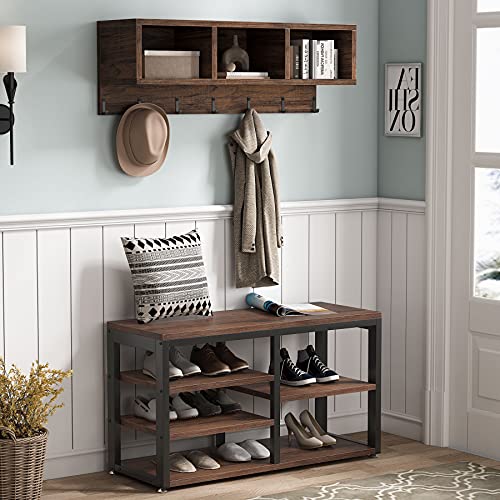 Tribesigns Industrial [Shoe] [Rack] [Bench] with Coat [Rack] Set With Hall Tree, 3 Storage Cubbies, 7 Hooks for Entryway, Hallway, 5-in-1Design, Rustic Brown Tribesigns