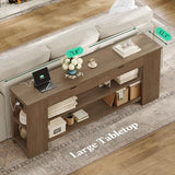 ANGRYWIN 71.8 Inch Extra Long Console Table with Drawers, Farmhouse Long Console Table with Shelves & Built-in Outlets, Entryway Table with Storage for Living Room, Entryway, Hallway, Brown ANGRYWIN