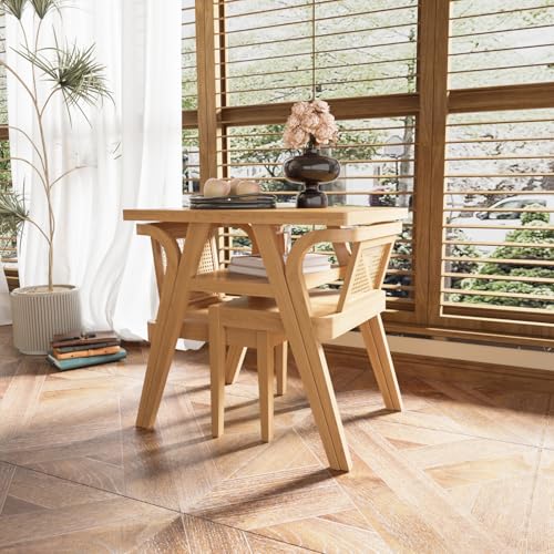 3-Piece Modern Dining Set with Stackable Dining Chairs, Solid Wood Square Table and Chair Breakfast Table Set for 2 Person, Space Saving Dinette for Dining Room, Kitchen, Living Room, Patio-Nature MIAUWUUFHOME