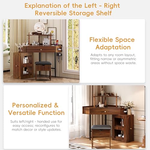 Corner Vanity Desk Set with Storage Stool, Charging Station, Removable Cabinet, Glass Tabletop & Jewelry Organizer, Triangle Makeup Desk for Bedroom (Walnut, 29") Generic