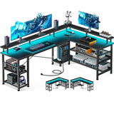 ODK L-Shaped Gaming Desk with LED Lights and Power Outlets - Reversible Design with Storage Shelves ODK