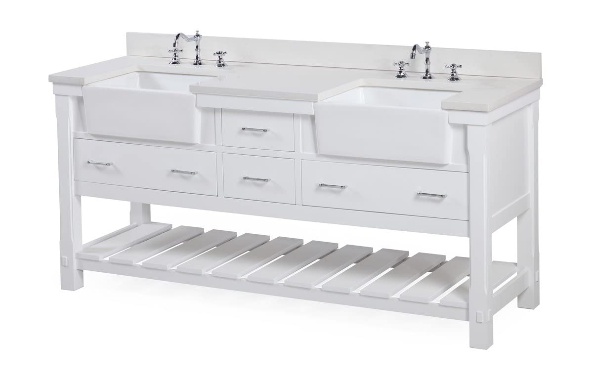 Charlotte 72-inch Double Farmhouse Bathroom Vanity: Includes White Cabinet with Quartz Countertop and White Ceramic Apron Sinks Kitchen Bath Collection