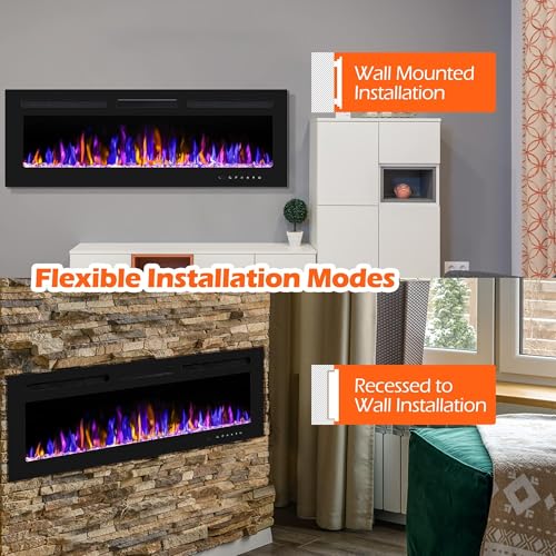 80 in Electric Fireplace, in-Wall Smart Electric Fireplace Recessed & Mounted, Dual Heat 750/1500W with Remote, Adjustable Flames, Touch Screen Thermostat 60-99°F, Timer, Log & Crystal Decor Garvee