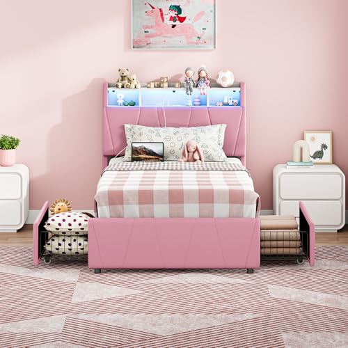 LIKIMIO Twin Bed Frame with 2 Storage Drawers, Charging Station & LED Lights, Upholstered Platform Twin Bed with Storage Headboard, Strong Wooden Slats, No Box Spring Needed, Easy Assembly, Pink LIKIMIO