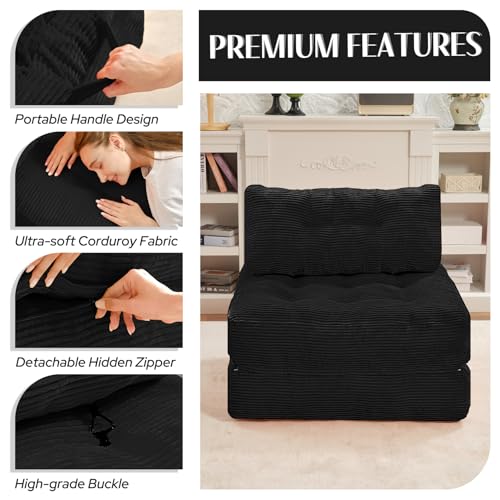 HABUTWAY Folding Sofa Bed, Convertible Sleeper Chair Bed w/Dual-Pillow & Handle, Foldable Floor Sofa Lounge w/Back Support for Living Room, Bedroom, Apartment, Office, Single, Black HABUTWAY