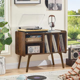 Lerliuo Record Player Stand with 4 Cabinet Holds Up to 220 Albums, Large Turntable Stand with Beech Wood Legs, Mid-Century Record Player Table,Retro Brown Vinyl Holder Storage for Bedroom Living Room Lerliuo