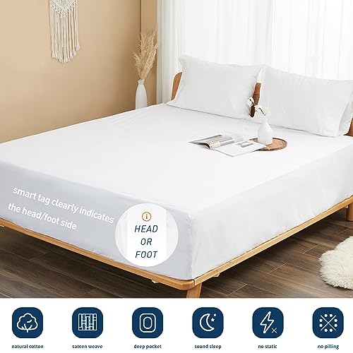 Sunflower Queen Fitted Sheet, 1-Piece Extra Deep Pocket Fitted Bottom Sheet 22", 100% Cotton Sateen Soft Breathable, White sunflower