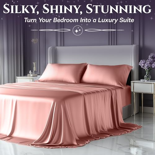 SLEEP SANCTUARY Satin Sheets Twin Size – 3 Piece Luxury Silky Bed Set, Softer Than Silk, 15" Deep Pocket, Cooling & Wrinkle-Free, Moisture-Wicking & Breathable for Hair & Skin (Blush Pink) SLEEP SANCTUARY