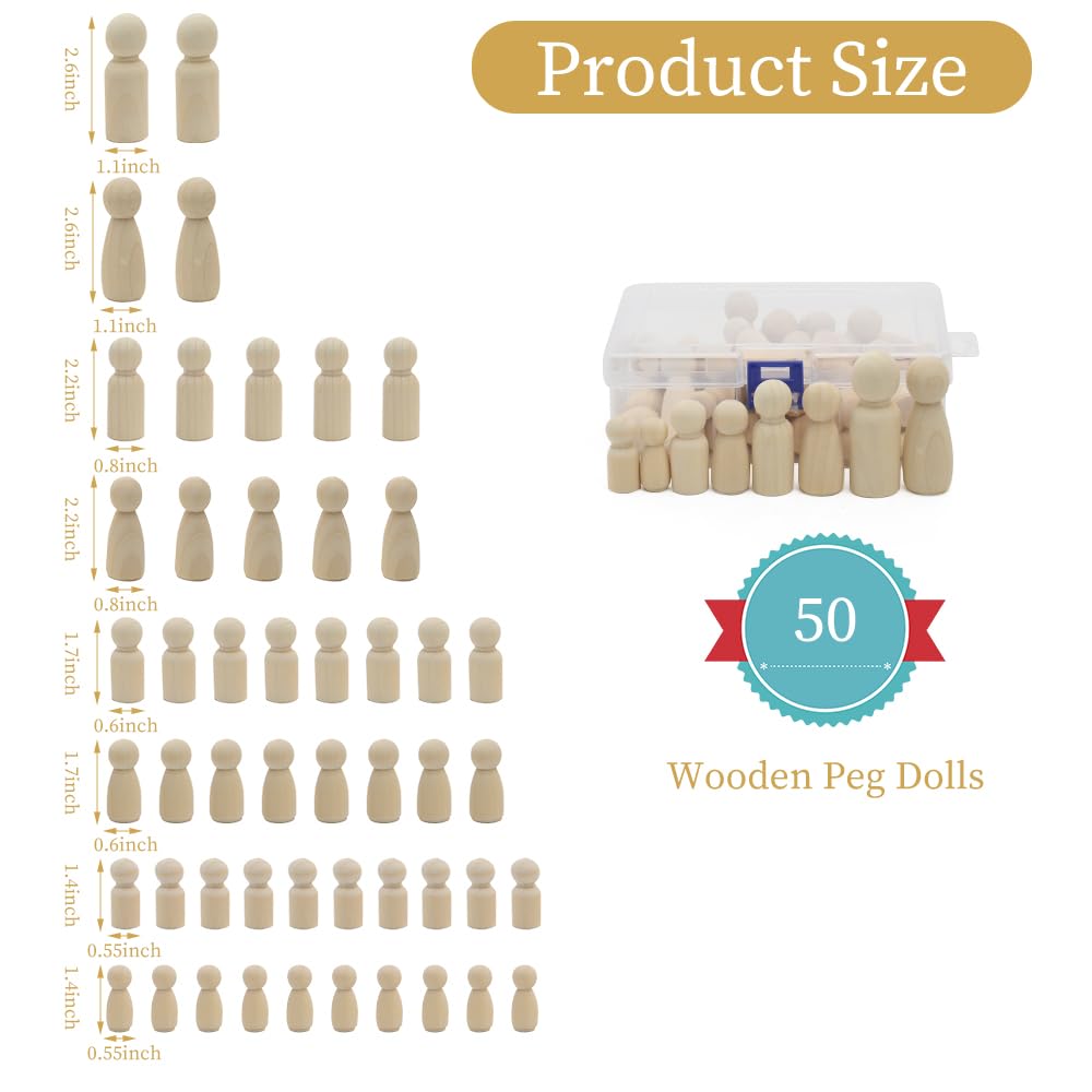 Hagao Unfinished Wooden Peg Dolls, Wood Doll Bodies Male Female Peg Doll People for DIY Art Craft, Painting, Peg Game, Home Party Decoration 50PCS Hagao