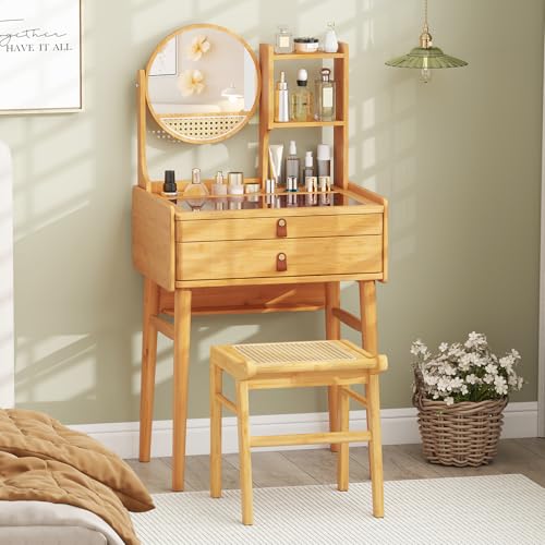 GOFLAME Bamboo Vanity Table with Adjustable Mirror, Small Makeup Vanity with Storage Drawers, Hutch Shelves, Glass Top, Rustic Compact Dressing Table for Bedroom, Small Spaces, Natural GOFLAME