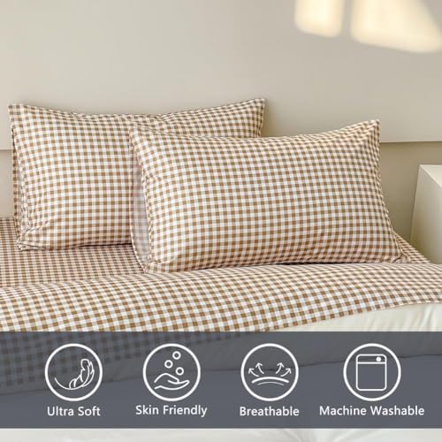NSNLGSGC Tan Gingham Full Sheet Set, Soft Brushed Microfiber Taupe Plaid Full Bed Sheets, 4-Pieces Brown Grid Sheet Set with Deep Pocket NSNLGSGC