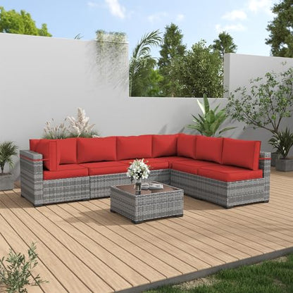 Amopatio Patio Furniture Set, Outdoor Patio Furniture Wicker Furniture, 7-Pieces Outdoor Sectional Sofa with Patio Furniture Cover, Outdoor Patio Set for Home Furniture (Light Red)