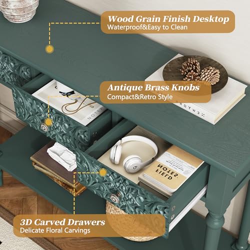 3More Entryway Console Table with 3 Drawers,42" Carved Hallway Table with Open Shelf,Long Sofa Table for Living Room, Hallway, Behind Couch,Green 3More