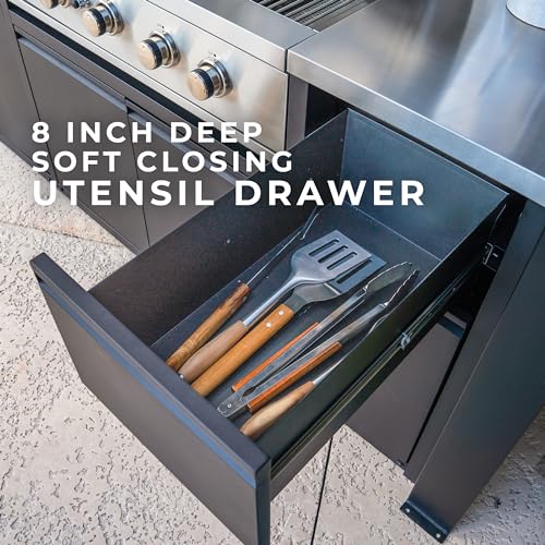 Backyard Discovery Fusion Flame Turn-Key Outdoor Kitchen with 38-inch Stainless Steel 5-burner Grill Island, Sear Zone, Infrared Burner, Outdoor-Rated Refrigerator, Storage, Steel Roof for Deck, Patio Backyard Discovery