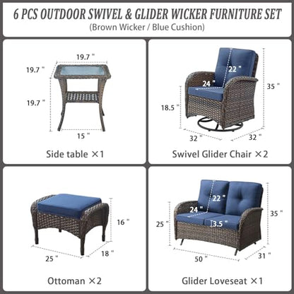 Belord 6 Piece Patio Conversation Sets - Wicker Patio Furniture Sets with Outdoor Swivel Rocker Chairs, Glider Loveseat Perfect for Patio Deck Backyard, Brown Wicker Blue Cushion