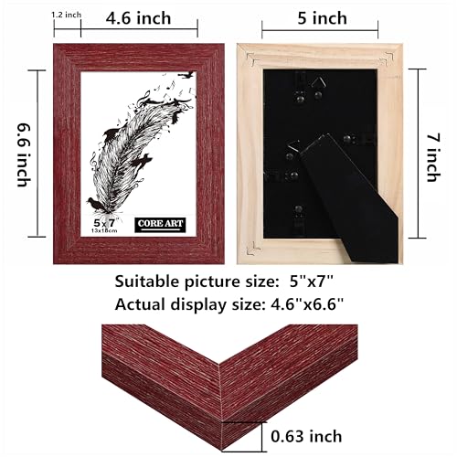 CORE ART 5x7 Picture Frame, Handmade Wood Rustic Red Photo Frame Set of 2, High Definition Semi-tempered Glass Wall or Tabletop Display CORE ART