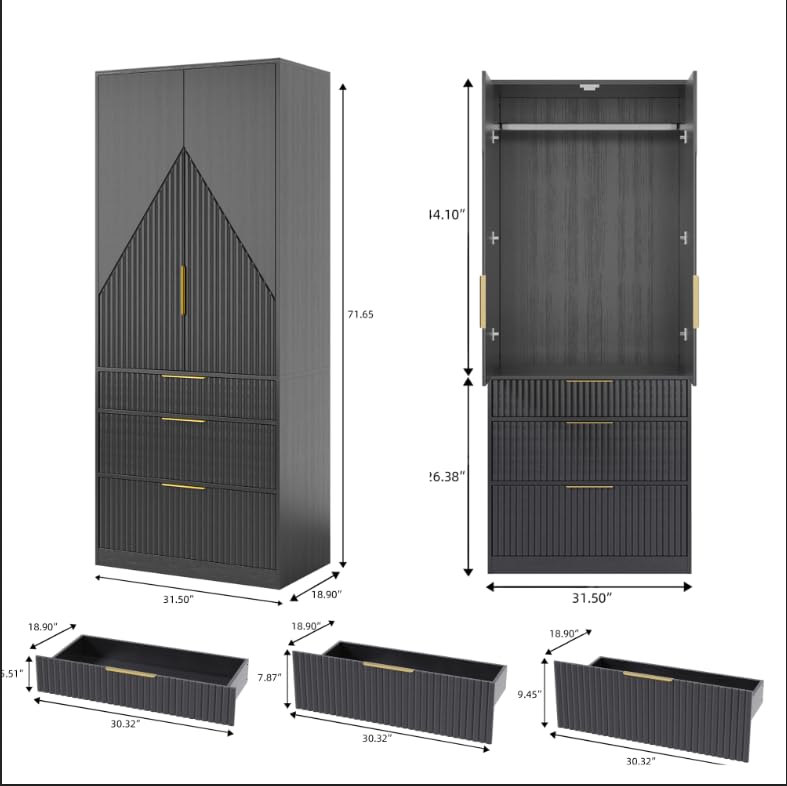 71.7 " Wardrobe Armoire Wooden Closet with 2 Doors and 3 Drawer, Bedroom Armoire with Hanging Rod Shelf, Large Capacity Storage Wardrobe Armoire, Freestanding Wooden Closet Storage Cabinet Black