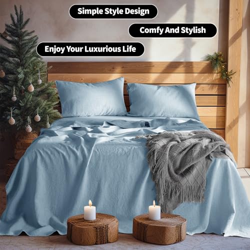 LBRO2M 100% Linen Sheet Set Twin XL Size,Bed Sheets 3 Piece Sets,Solid Color Natural Flax Bed Sheets Soft Breathable Bedding,16" Deep Pocket,All Season (Twin XL, Dusty Blue) LBRO2M