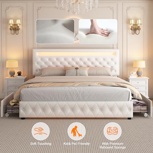 GEGOFORU Full Led Bed Frame with 4 Storage Drawers, with Smart Control RGBW LED Lights Headboard Footboard, Control DIY Color, Box Spring Optional, PU White Generic