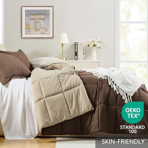 Homelike Moment Queen Comforter Set Brown, Comforters Queen Size Set Lightweight Reversible Down Alternative Bed Comforter Full Size Soft, All Season 3 Pieces Sets Brown/Beige Homelike Moment