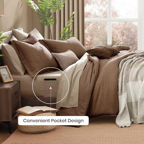 Monbix Queen Comforter Set - 7 Pieces Cationic Dyeing Brown Bed in a Bag Queen Bedding Sets with Comforter, Sheets, Pillowcases & Shams, Reversible Bedding Comforters Sets Monbix