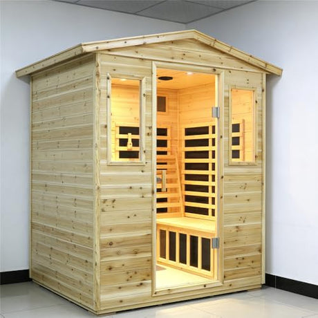Kanlanth Outdoor Infrared Sauna with Red Light Therapy, 4 Person 2050watt Canadian Hemlock Wood Personal Sauna Room for Indoor Home, with Blue-Tooth, 4 Chromo Therapy Lighting, Control, Cup Holder Kanlanth
